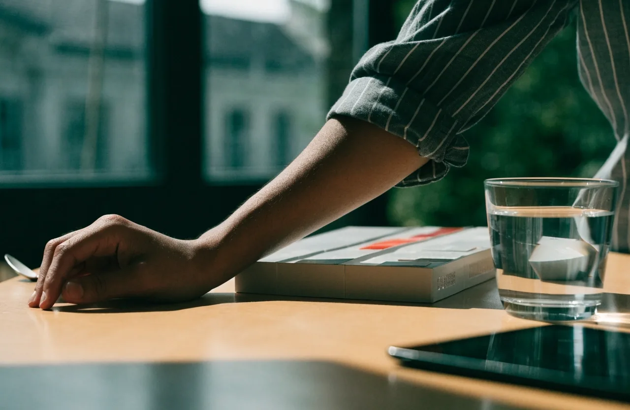 Un coin de table de travail à Lille en lumière de midi: un organiseur hebdomadaire, un verre d'eau et une tablette écran éteint en arrière-plan flou.