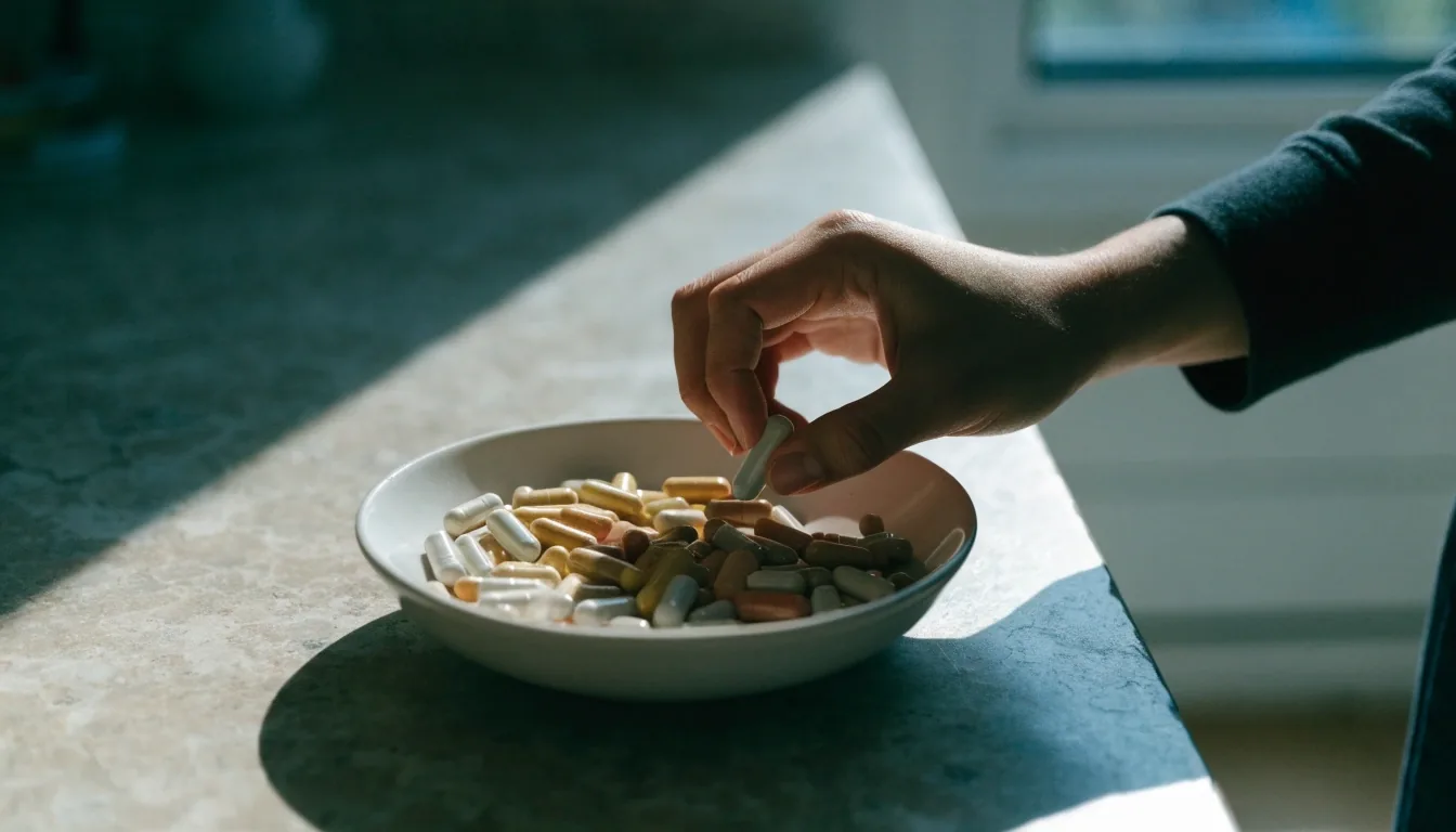 Gélules mates répandues sur une assiette en céramique pâle, lumière dure de midi venant de la gauche
