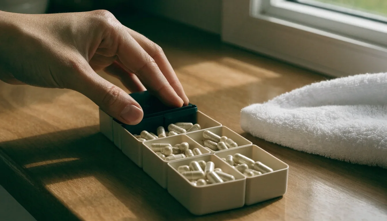 Pilulier hebdomadaire ouvert sur une étagère de salle de bain, arrière-plan flou, lumière de midi