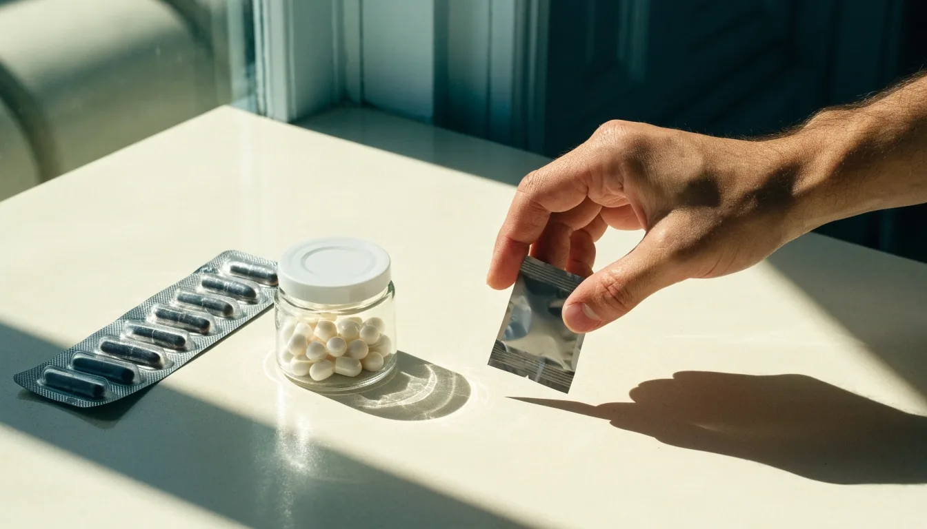Trois formats de compléments disposés sur un fond pâle : plaquette, sachet individuel et flacon de gélules