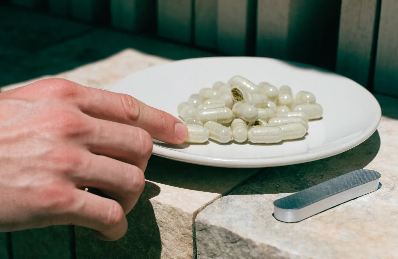 Gélules végétales et plaquette alvéolée sur une assiette en céramique mate, lumière de midi à gauche.