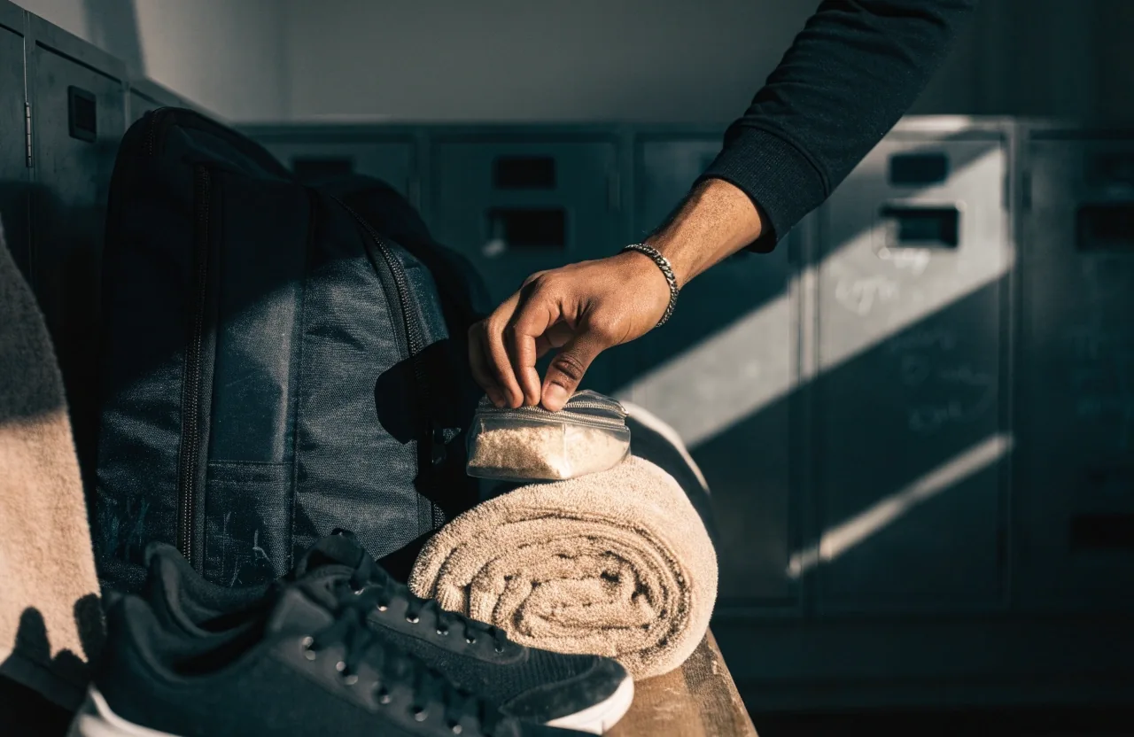 Intérieur d'un sac de week-end ouvert : affaires de sport pliées, serviette roulée et étui de complément sans marque.