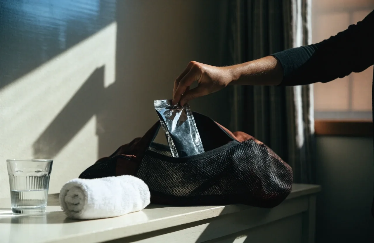 Sachet individuel posé debout à côté d'une serviette de sport et d'un verre d'eau, sur fond clair.