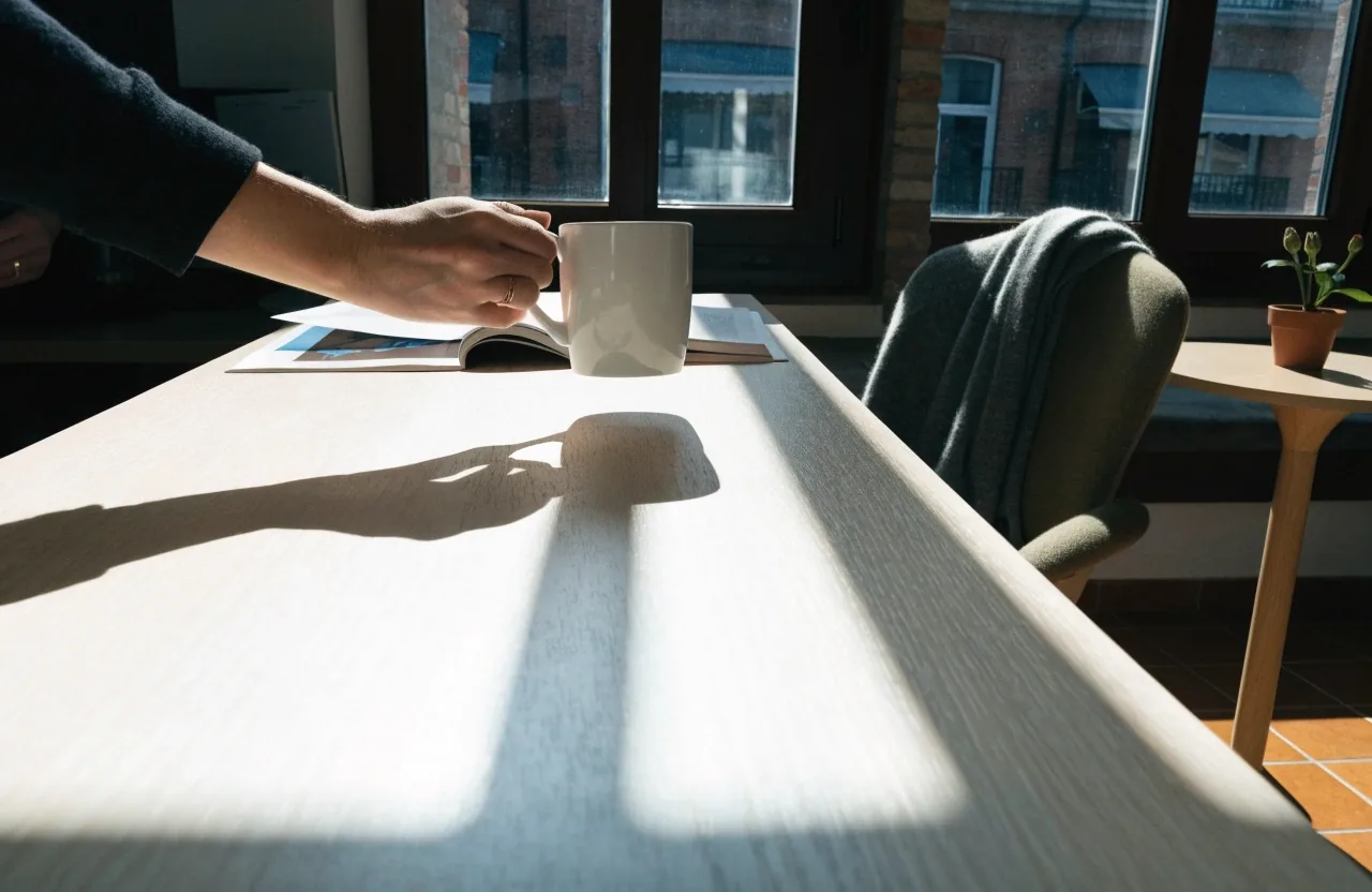 Bureau de travail éclairé par la lumière de midi, avec un verre d'eau et un carnet ouvert