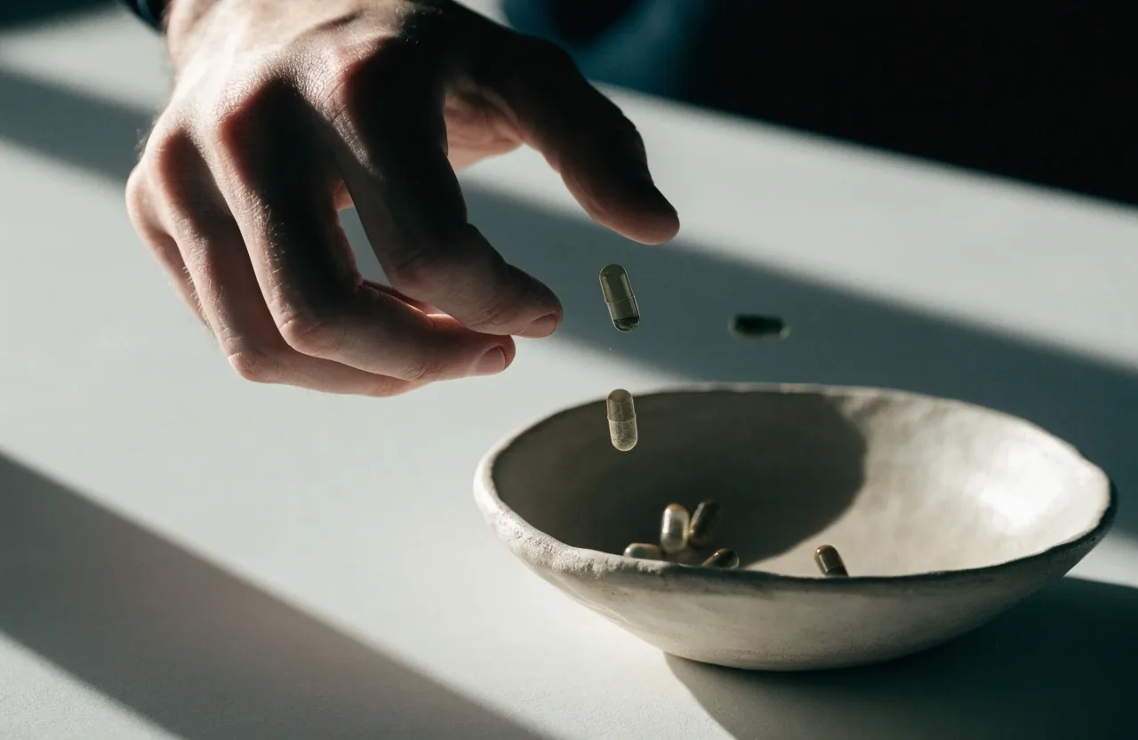 Gélules non étiquetées posées sur une assiette mate, sous une lumière dure venant de la gauche