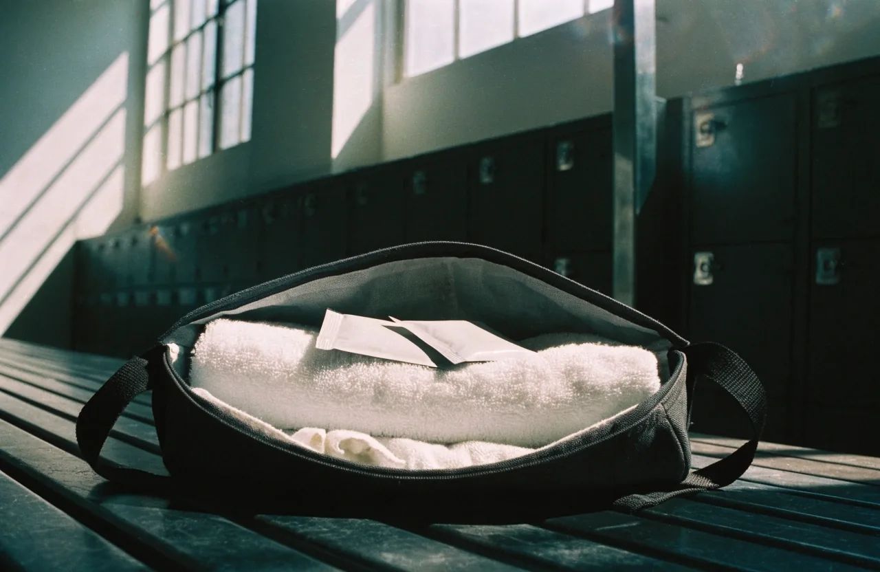 Intérieur d'un sac de sport ouvert avec deux sachets non imprimés posés sur une serviette pliée