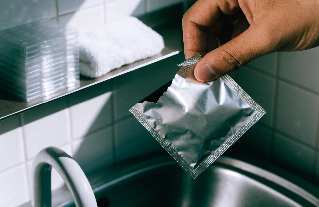 Sachet ouvert et plaquettes non imprimées posés sur une étagère de salle de bain, dans une lumière de midi