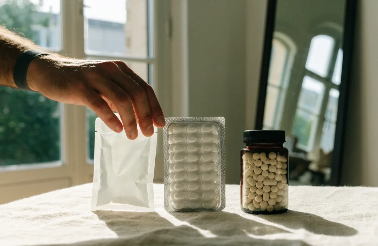 Trois formats posés côte à côte sur un fond clair : un sachet, une plaquette alvéolée et un petit pot de gélules