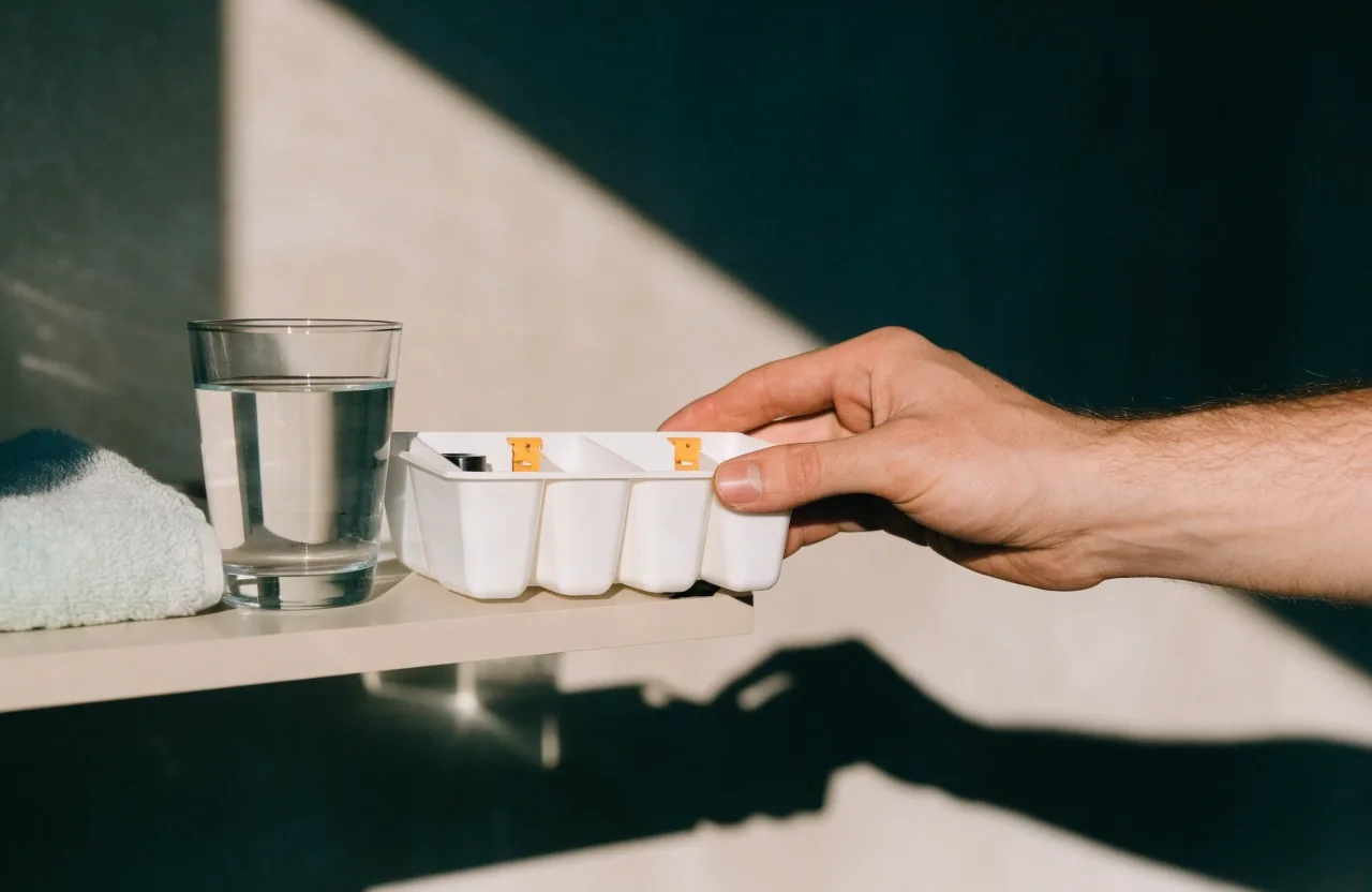 Étagère de salle de bain à midi : une main repose un organiseur hebdomadaire à côté d'un verre d'eau