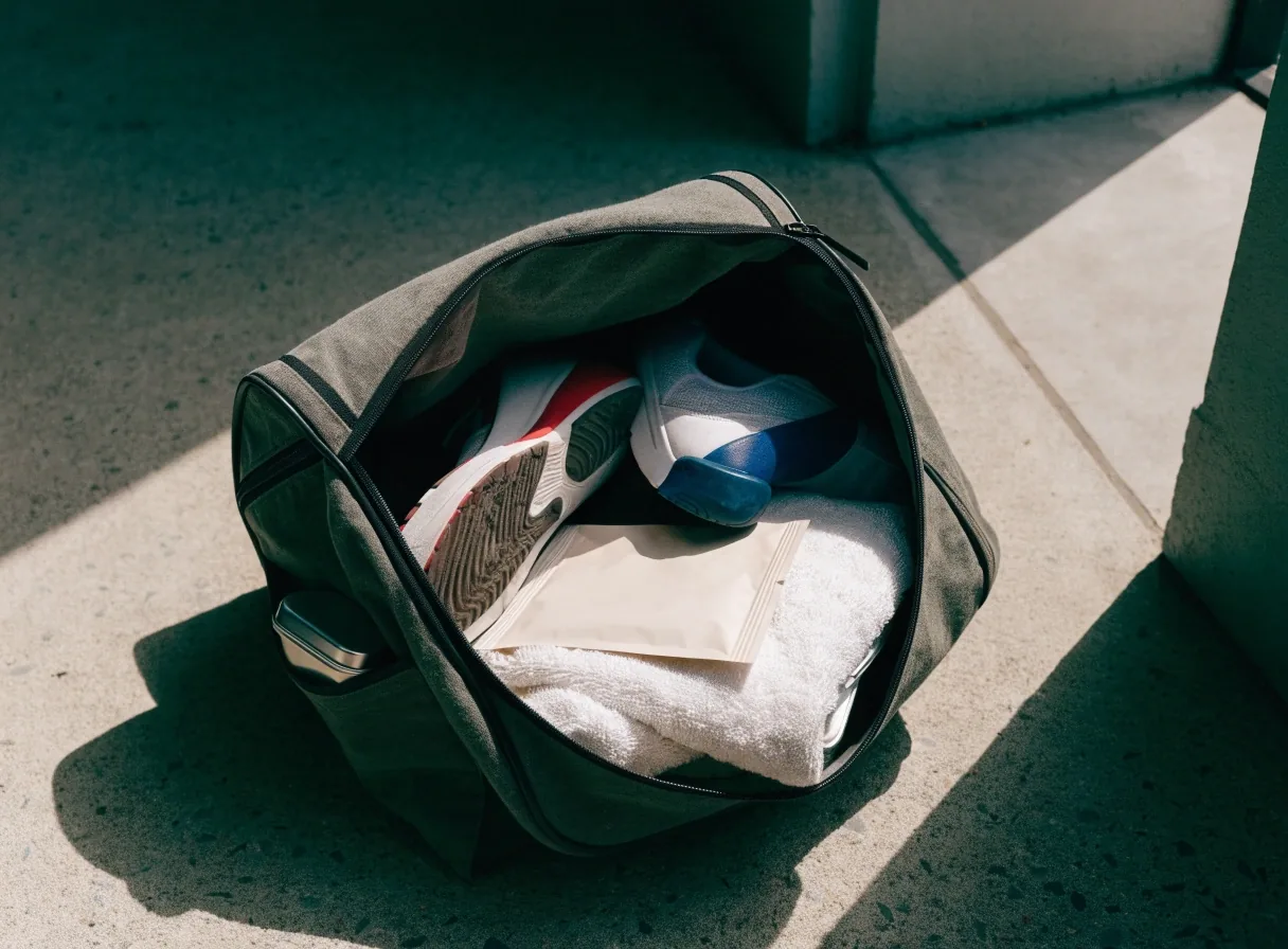 Intérieur d'un sac de sport ouvert : serviette pliée, chaussures et sachet posé à plat dans une poche