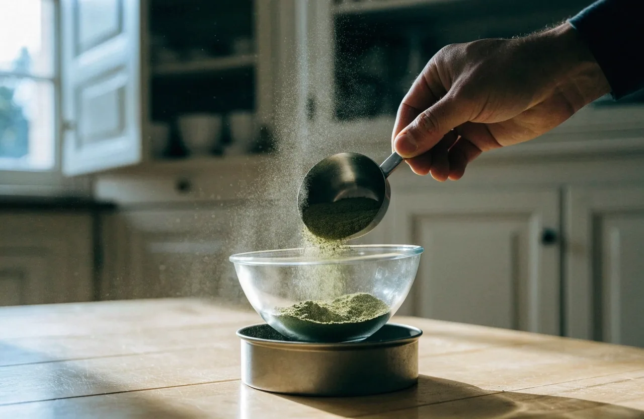 Deux mains tenant un petit bocal de poudre végétale au-dessus d'un plan de travail gris