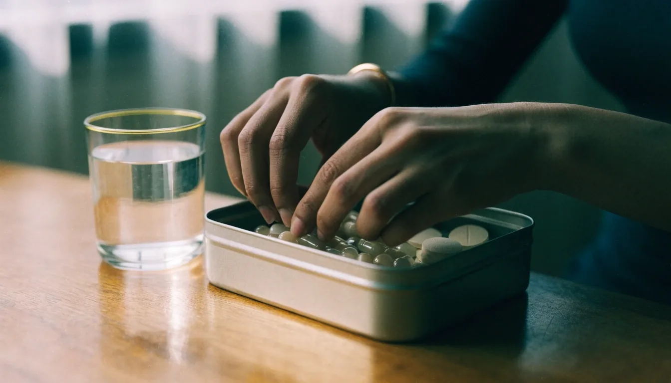 Deux plaquettes de complément et un verre d'eau sur un plan de travail en pleine lumière du jour