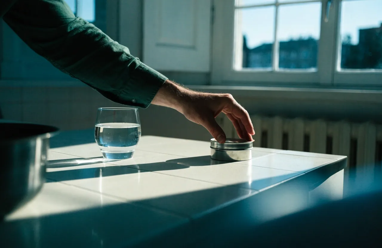 Un blister et un verre d'eau sur le plan de travail d'une cuisine, en pleine lumière de midi