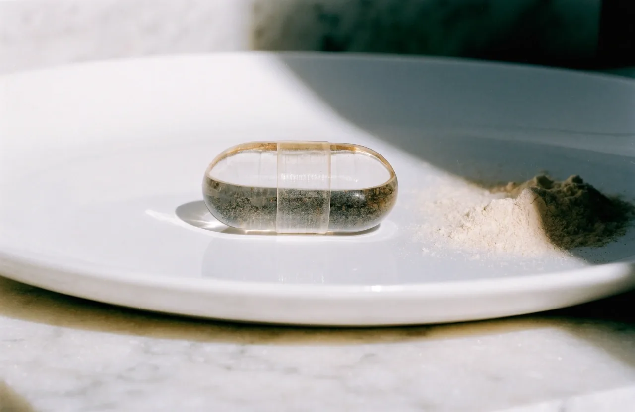 Une capsule translucide posée sur une assiette en céramique, en lumière froide